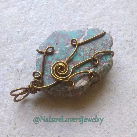 Dark Turquoise/Teal Green Stone Pendant - Southwest Vibes - Bronze Wire Wrap - Picture 1 of 9
